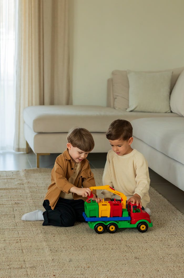 Two young boys engage with a colorful toy truck on the carpet in a cozy living room.